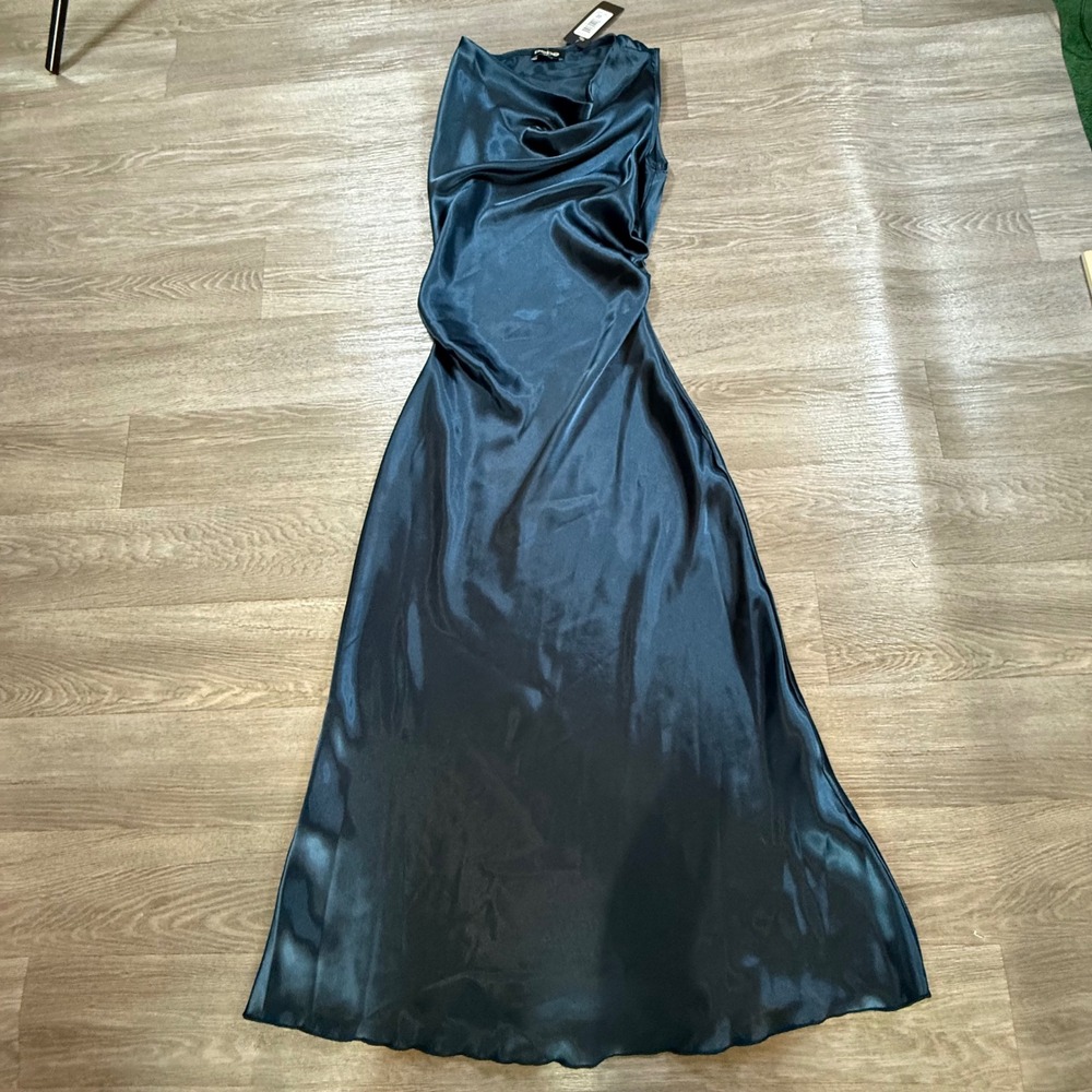 Bebe Navy Blue Satin Cowl Neck Maxi Dress Sleeveless Ruched Gown 704490 XS